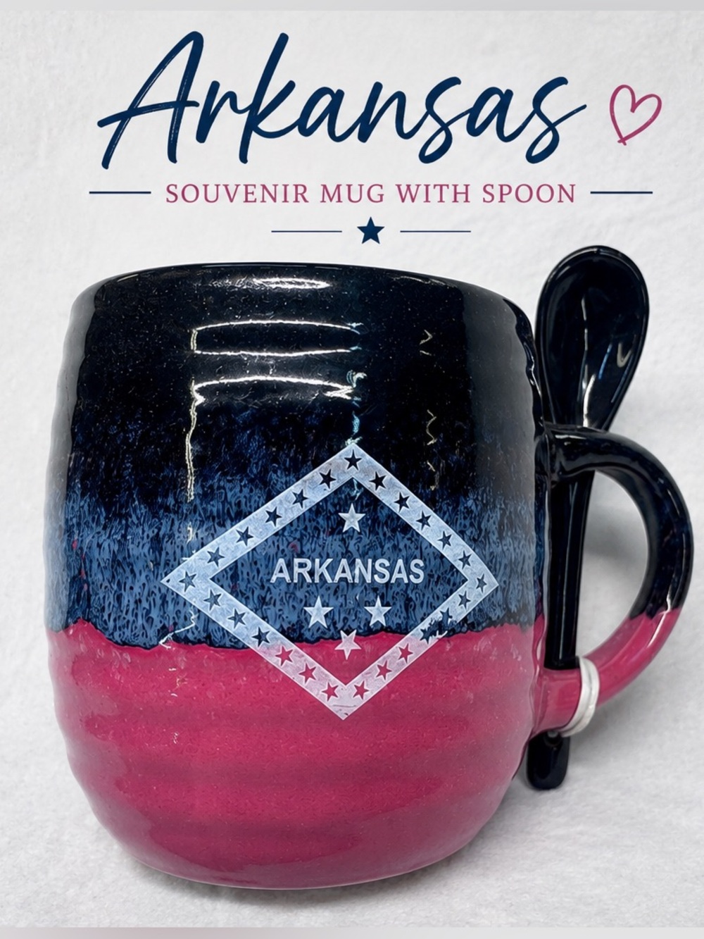 Arkansas Souvenir Coffee Mug with Spoon Pink Blue Glazed Ceramic